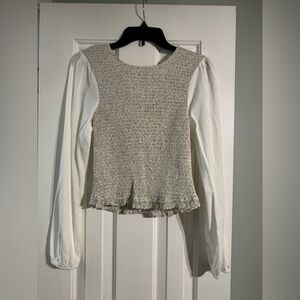 Hem & Thread Textured Tan Blouse with Cream Sleeves